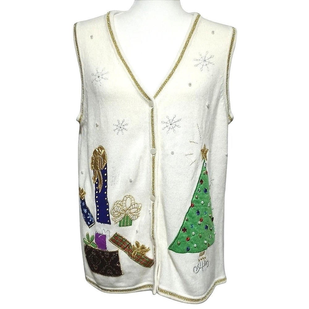 Festive Nutcracker Christmas Tree Sweater Vest Womens Large White Gold Beaded‎